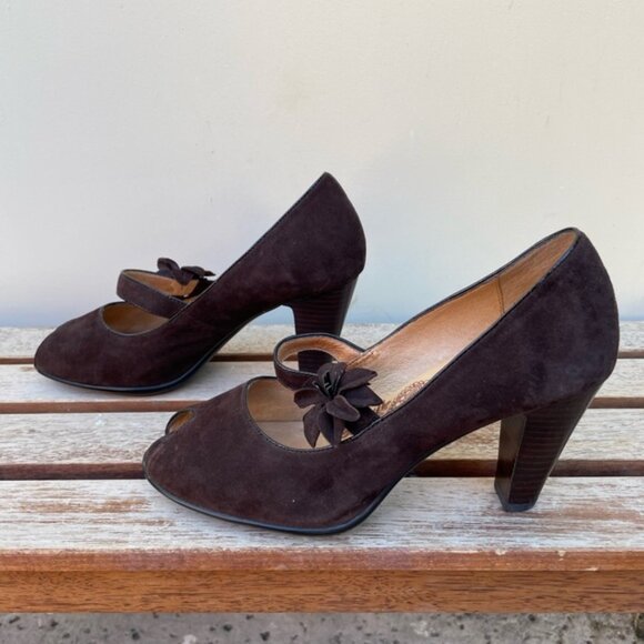 Sofft Women's Retro Geva Brown Suede Peep Toe Mary Jane Pumps Size 9W - Picture 2 of 13